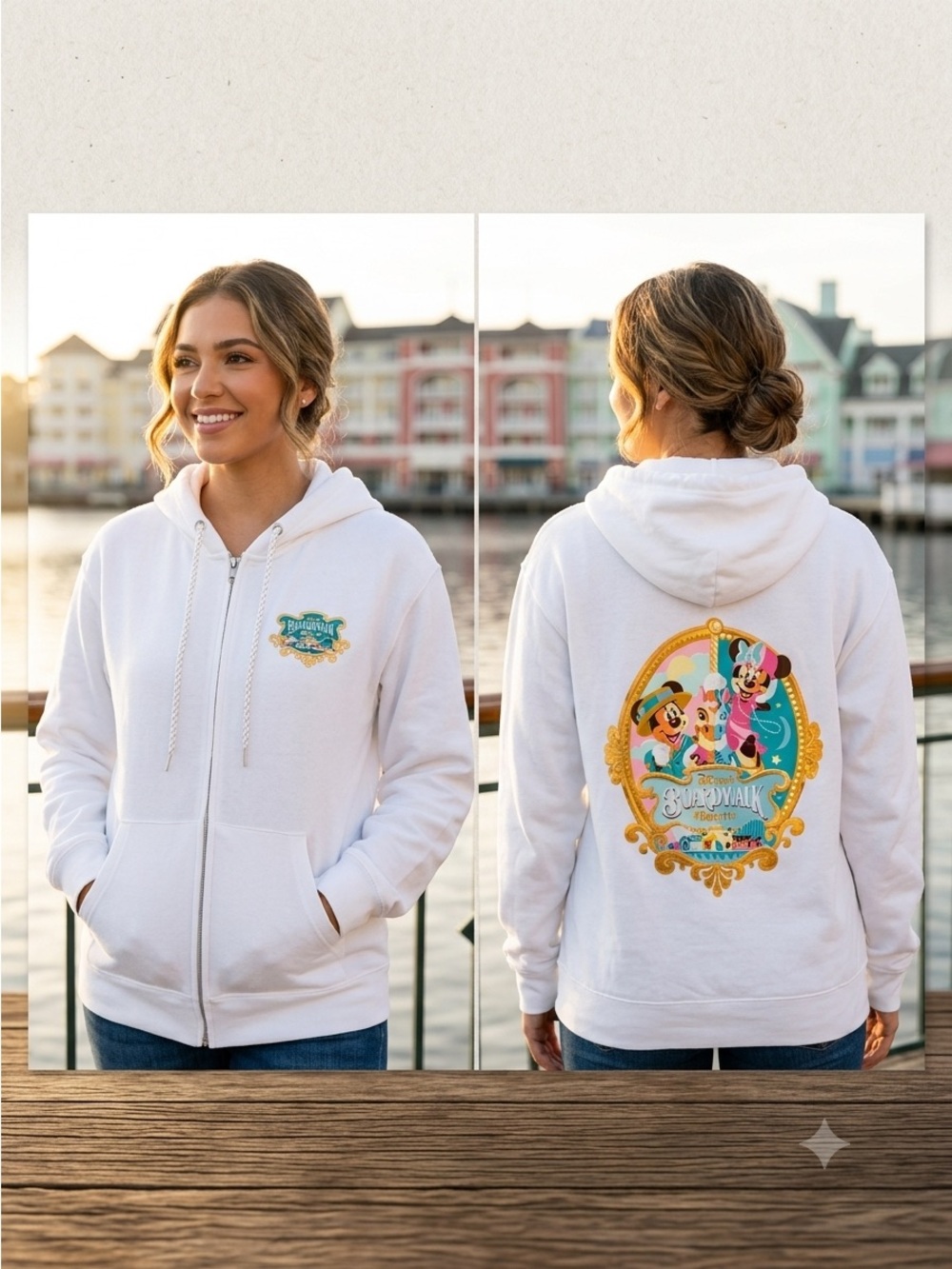 Disneyland White Zip-Up Hoodie with Gold & Teal Boardwalk Resort Logo - Picture 2 of 7